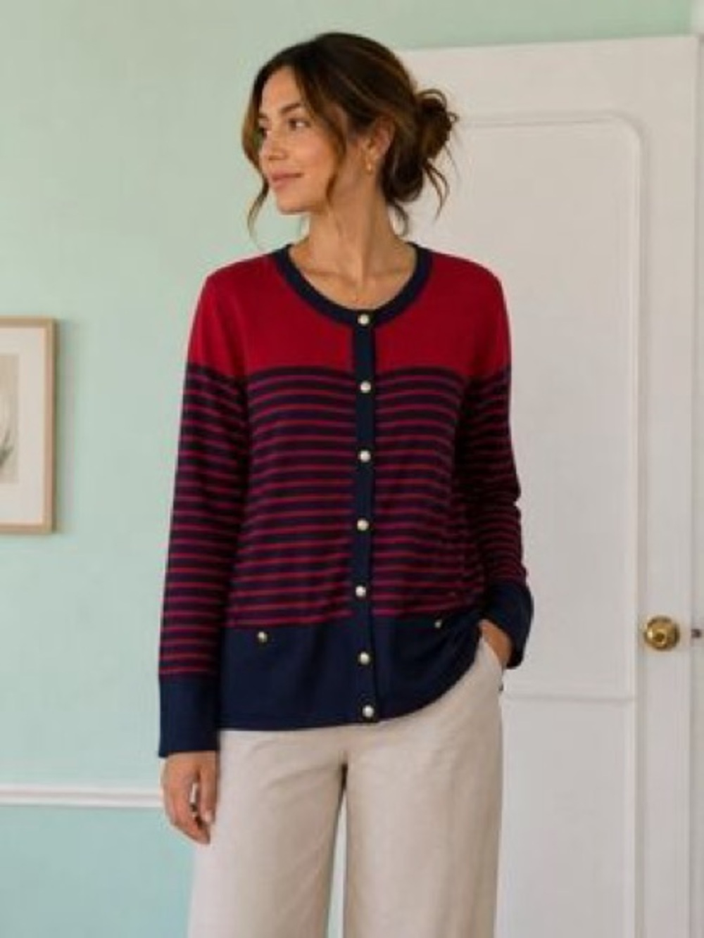 Land’s End Red and Navy Blue Nautical Striped Cardigan Sweater Sz S